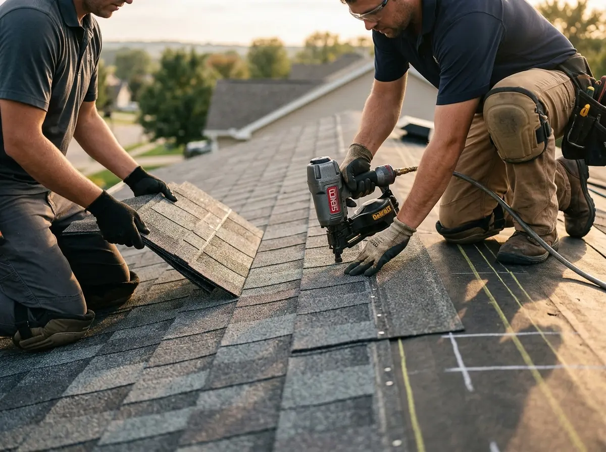 Professional roofer working on a residential roof in Haverford